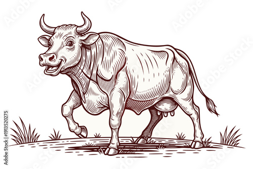Detailed engravingstyle illustration of a strong muscular bull walking with a confident expression and raised tail