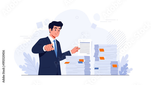 Businessman with Piles of Documents and Papers, Workflow and Bureaucracy Concept
