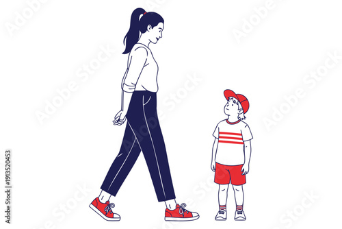 Illustration of a young mother and her little son walking together in a minimalist style scene both wearing casual clothes and sneakers