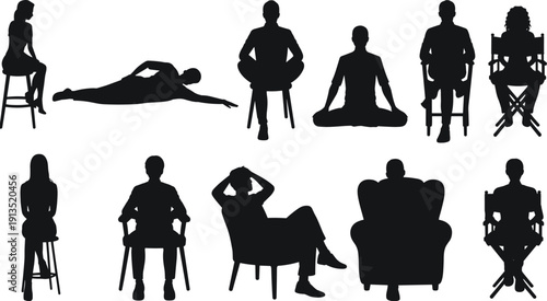 People silhouettes sitting and relaxing in different poses on chairs and floor, human body language, leisure and lifestyle illustration collection isolated on white background
