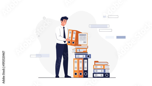 Businessman Organizing Stack of Folders, Paperwork and Documents