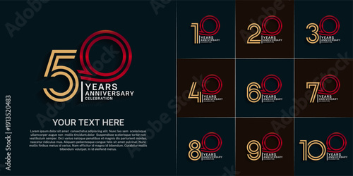 Anniversary logo set with double line number style. gold and silver and red color can be use for special moment