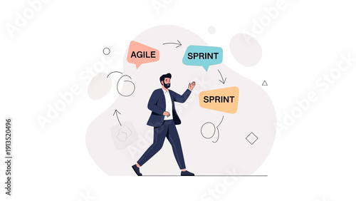 Agile Sprint Concept: Businessman Walking with Workflow Bubbles