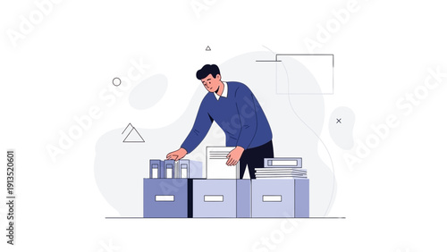 Man Organizing Files in Boxes, Business Workflow, Storage Solution