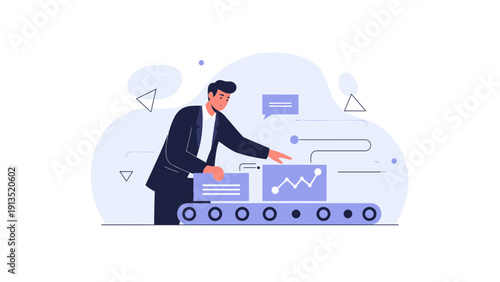 Businessman on conveyor belt with data analysis charts and progress