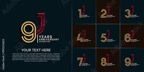 Anniversary logo set with double line number style. gold and silver and red color can be use for special moment