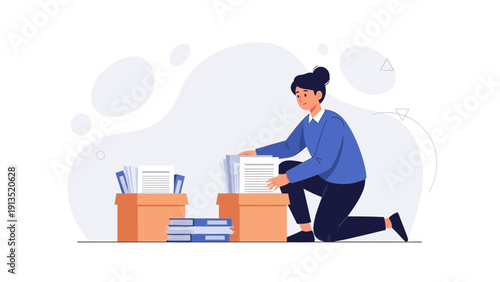 Woman Organizing Documents in Boxes, Paperwork Management, Office Organization