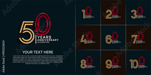 Anniversary logo set with double line number style. gold and silver and red color can be use for special moment