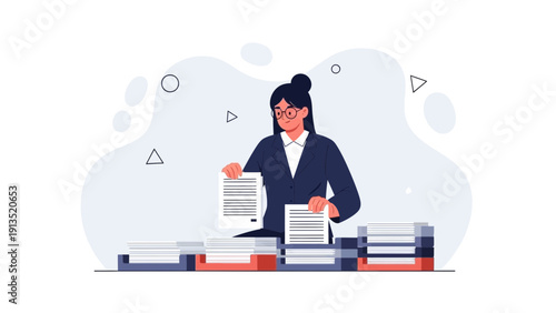 Businesswoman Organizing Stacks of Documents and Papers