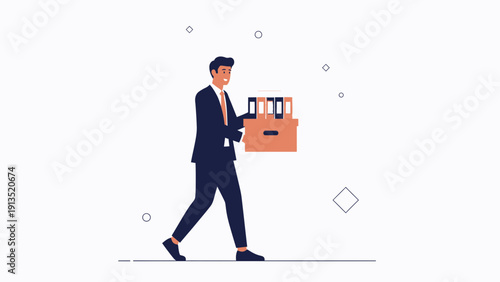 Businessman carrying box with files, walking, leaving office, new job concept