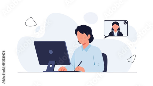 Woman working on computer with video call on screen, online communication concept