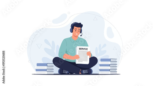 Man with headset and service document, learning and working online concept