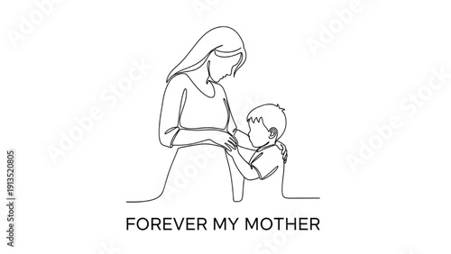 Minimalist continuous line art depicting a tender moment of a mother embracing her child with deep affection and connection
