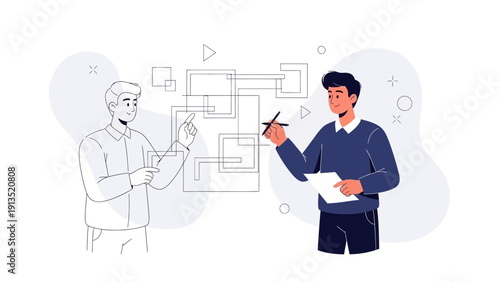 Two men collaborating on a project, planning and strategizing with diagrams