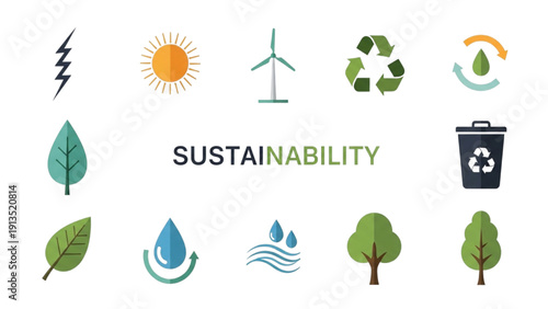 Modern vector icon set for sustainable living, renewable energy, and environmental protection initiatives