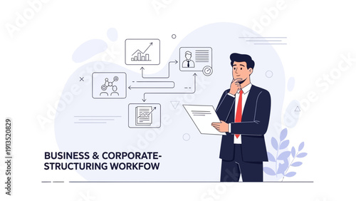Businessman analyzing workflow and business strategy with flowchart