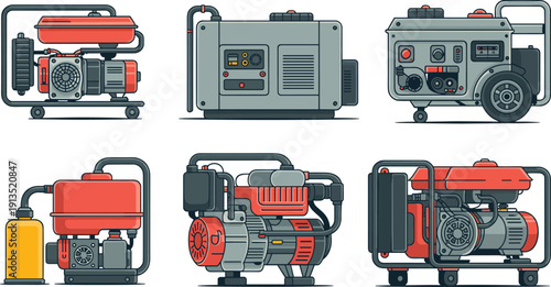 Portable electric generator illustration set featuring gasoline inverter and industrial power units for emergency backup, construction sites, outdoor work, and engineering applications