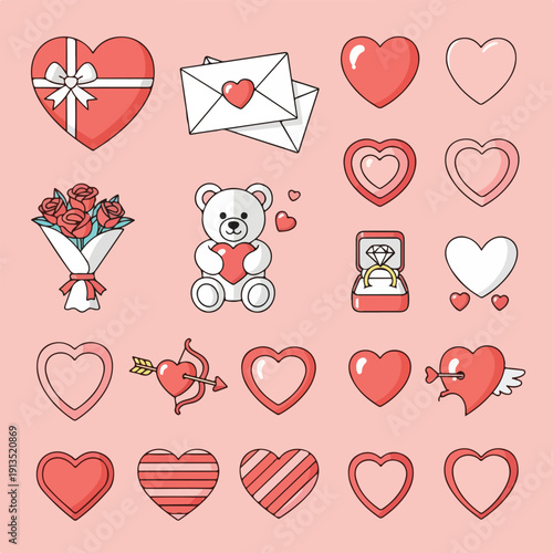 A collection of themed illustrations on a pink background