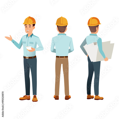 Civil engineer wearing hard hat holding construction project drawing. Character constructor for animation. Front, side and back view set. Body parts, postures, poses collection. Vector illustration. S