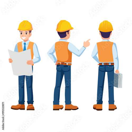 Civil engineer wearing hard hat holding construction project drawing. Character constructor for animation. Front, side and back view set. Body parts, postures, poses collection. Vector illustration. S