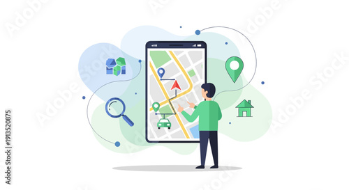 GPS navigation app on smartphone with user and car icon showing route
