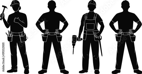 Professional construction worker silhouettes standing confidently with tools, skilled trades team concept, industrial labor workforce, craftsmanship and safety gear, black vector illustration