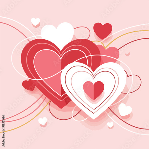 A collection of stylized red, pink, and white hearts with swirling lines