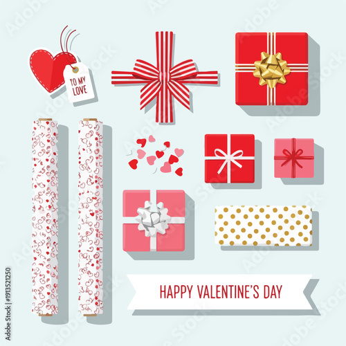 A collection of Valentine's Day gifts, hearts, and ribbons, with wrapping paper