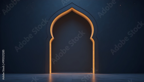 Ornate Islamic archway glowing with warm golden light at dusk, representing entry into a sacred space during Ramadan,Ramadan Eid Mubarak