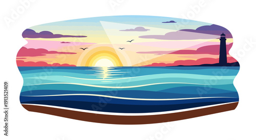 Coastal sunrise with a lighthouse and calm ocean waves under a colorful sky with birds flying