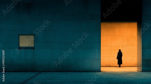 Wallpaper Mural Solitary figure walking from dim building to glowing urban square, contrast of confinement and openness, cinematic emotional city scene. Torontodigital.ca