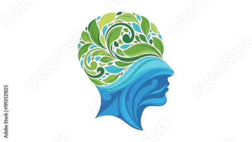 Thoughtful mind embracing nature's growth and water's fluidity, symbolizing environmental and mental balance