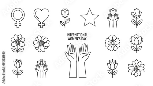 Diverse minimalist line icons set celebrating International Women's Day with floral motifs and symbols of female empowerment
