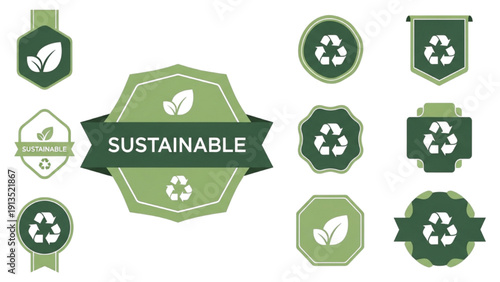 Collection of eco-friendly sustainable badges and labels with recycling symbols and leaves, ideal for green product branding design