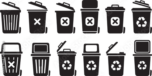 Recycling and trash bins with symbols on white background