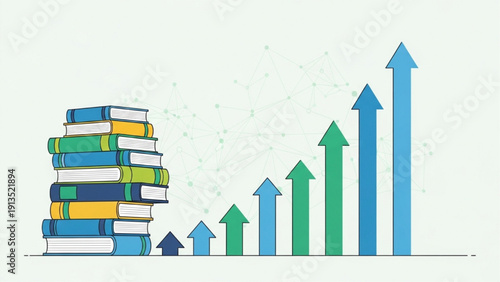 Growth Through Knowledge Books and Upward Trend Graph Illustrating Learning Progress