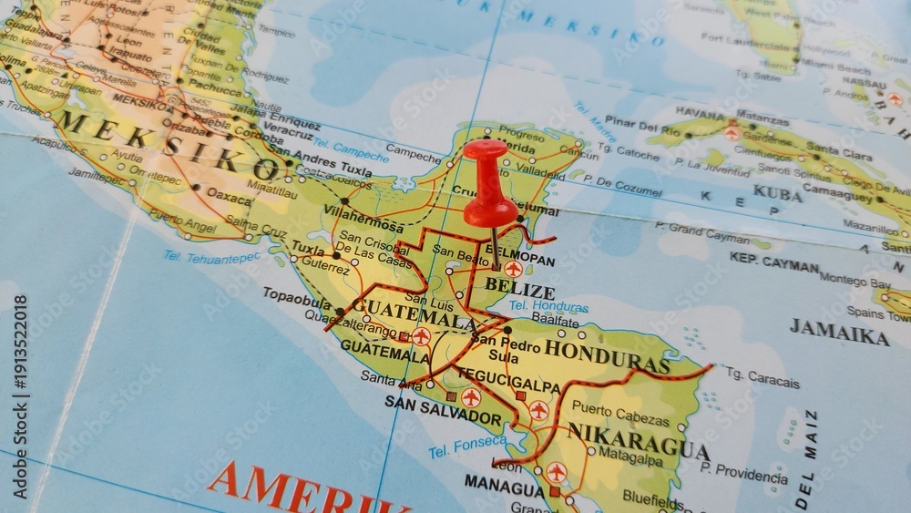 Naklejka premium View of Belize, Country in Central America, on a geographical map of America, marked with red push pin