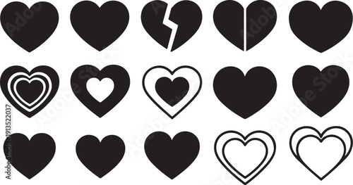 Collection of black and white heart symbols and icons