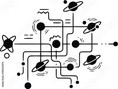 Abstract futuristic network diagram with planets and connections in outer space concept