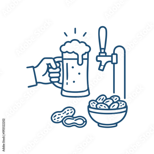 Beer mug with tap and peanuts line icon