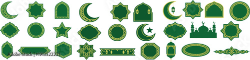 Ramadan green frame shapes set with Islamic golden ornamental borders clean flat vector design elements