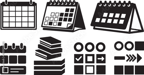 Black and white calendar icons and symbols illustration set