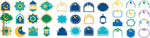 Set of 12 Islamic frame shapes with Ramadan vintage-inspired geometric flat vector decorative patterns