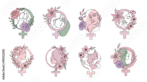 Elegant collection of female symbols featuring diverse women's profiles intertwined with delicate floral designs, celebrating strength and femininity