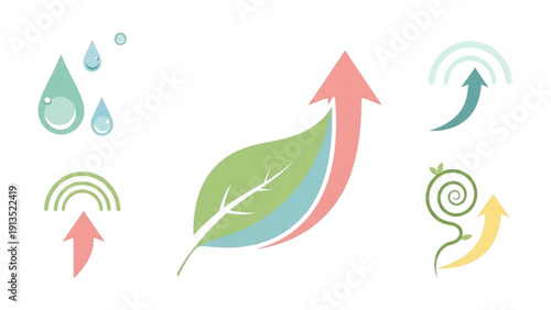 Collection of eco-friendly graphic symbols for positive development, natural growth, and environmental sustainability concepts