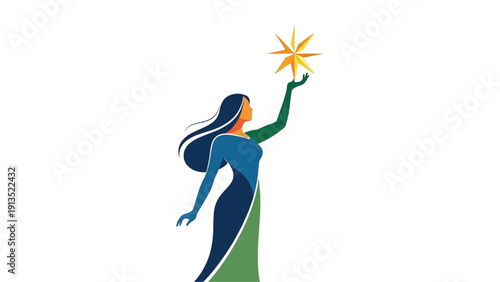 Elegant stylized woman reaching for a radiant star, symbolizing aspiration, success, and achieving dreams with vision