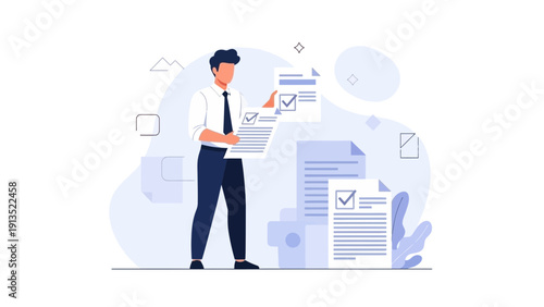 Man with checklist, reviewing documents and tasks, business concept illustration