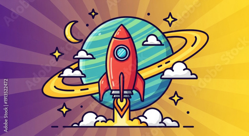Vibrant cartoon rocket ship blasting off into space with planet clouds and stars in the background symbolizing innovation and exploration