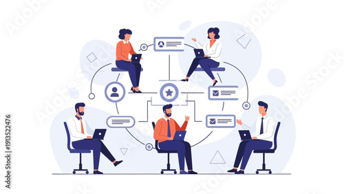 Teamwork and Collaboration: People working together with laptops and network diagram