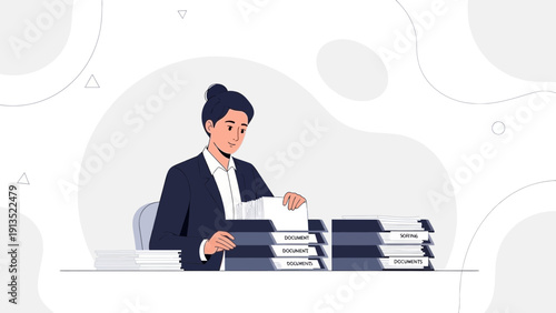 Businesswoman Organizing Files and Documents in Office
